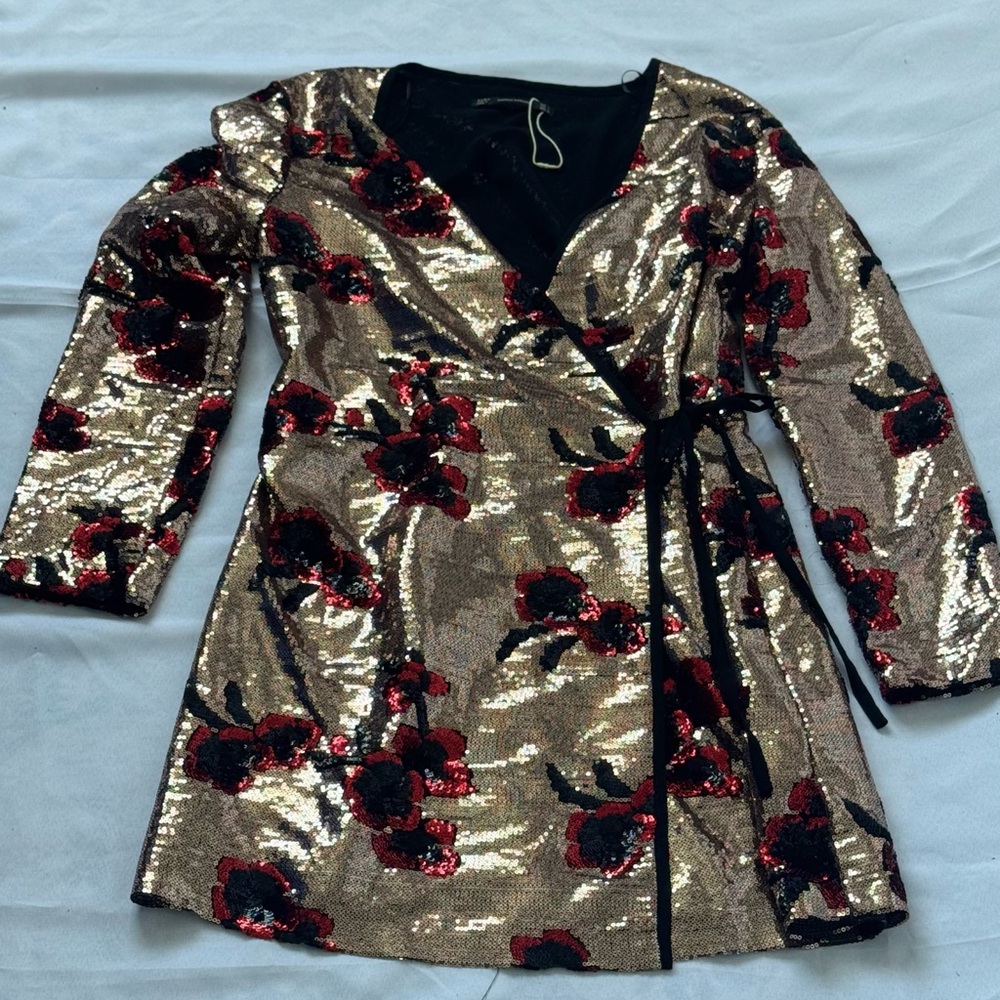 Gold Sequin Wrap Dress with Red Floral Design
